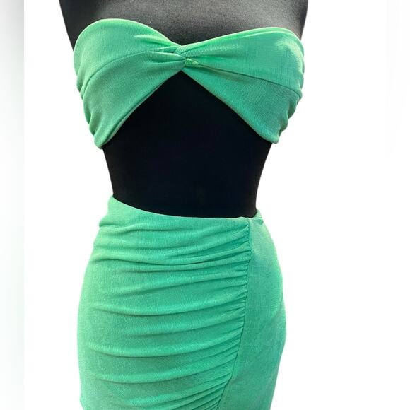 SEROYA Two Piece Julia  Tube Top Coord Midi Skirt Lime Green Slinky Sexy S NWT - Picture 3 of 8